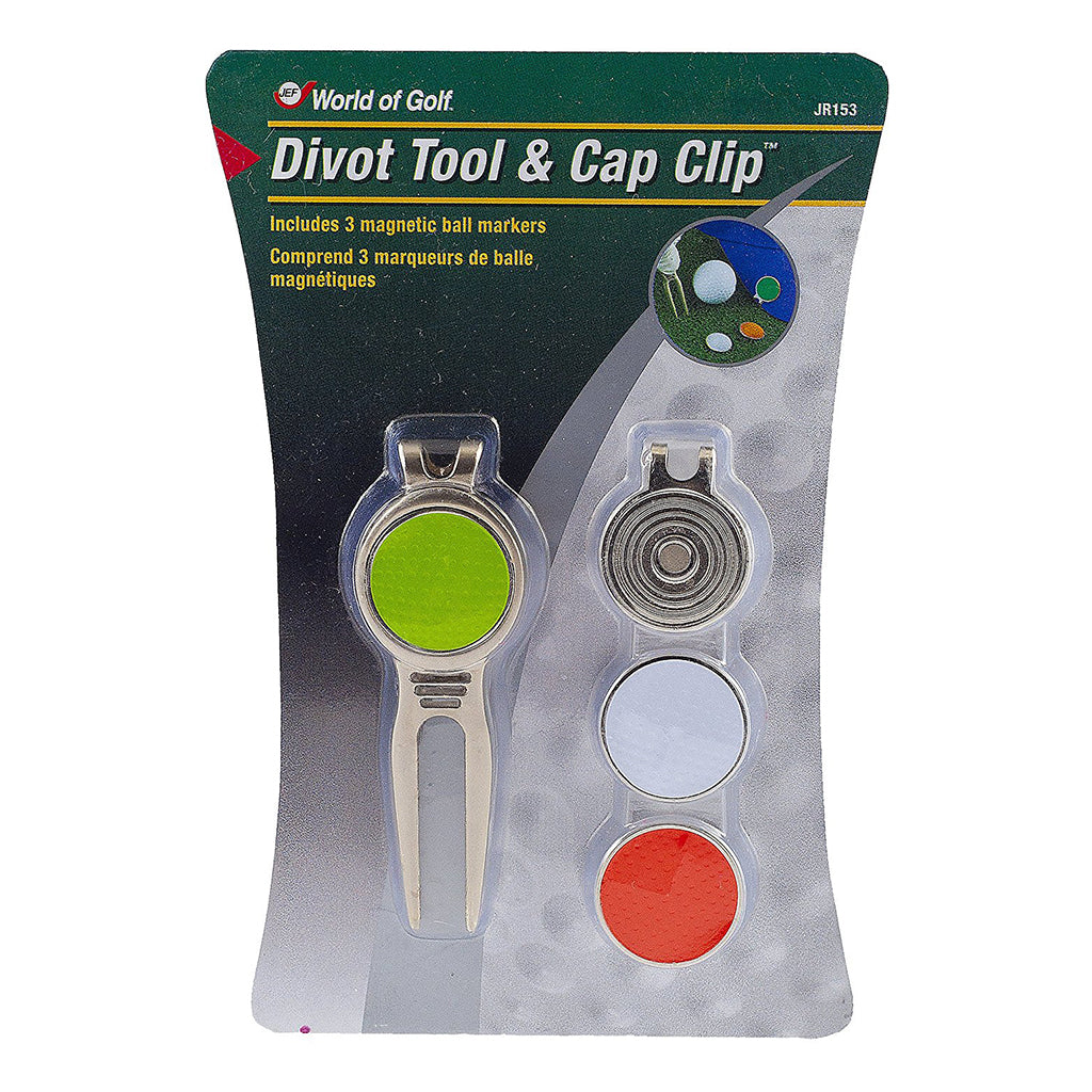 Reparador Divot JEF World of Golf Divot Tool &amp; Cap Clip w/3 Ball Markers